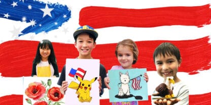 image of four students holding their artwork with an american flag behind them