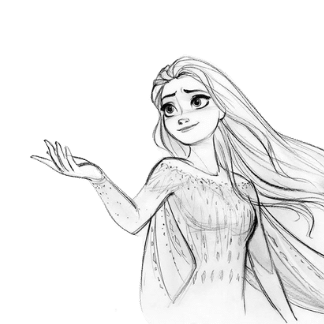 black and white pencil sketch of character Elsa from Frozen II