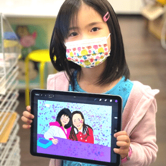 image of a girl holding an iPad showing her digitally drawn art