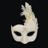 image of a black background with a white mask decorated with feathers