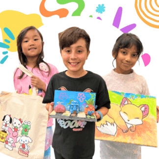 image of three kids holding their finished artwork of a tote bag, clay project, and canvas painting