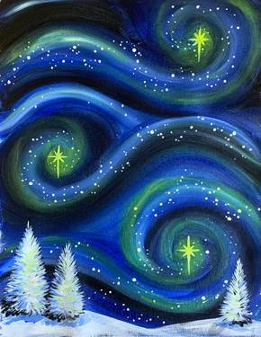 image of winter landscape scene with blue swirls and white trees
