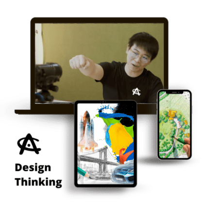 image of laptop, phone, and tablet showing various art designs and words design thinking