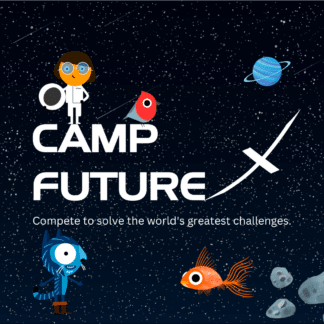 image of words camp future x with astronaut character, robin character, cat character, fish character, and space behind them