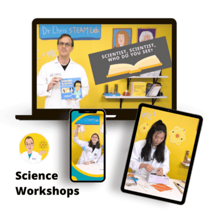 image of laptop, phone, and tablet showing various science lab activities and words science workshops