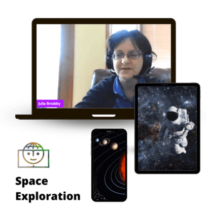 image of laptop, phone, and tablet showing various space environments and words space exploration