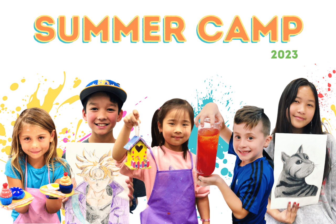 image of 5 kids with their artwork. words read "summer camp 2023" at the top