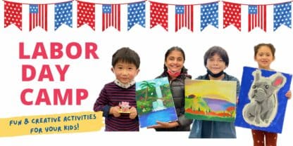 Labor day camp image with kids holding their painting an sculpture