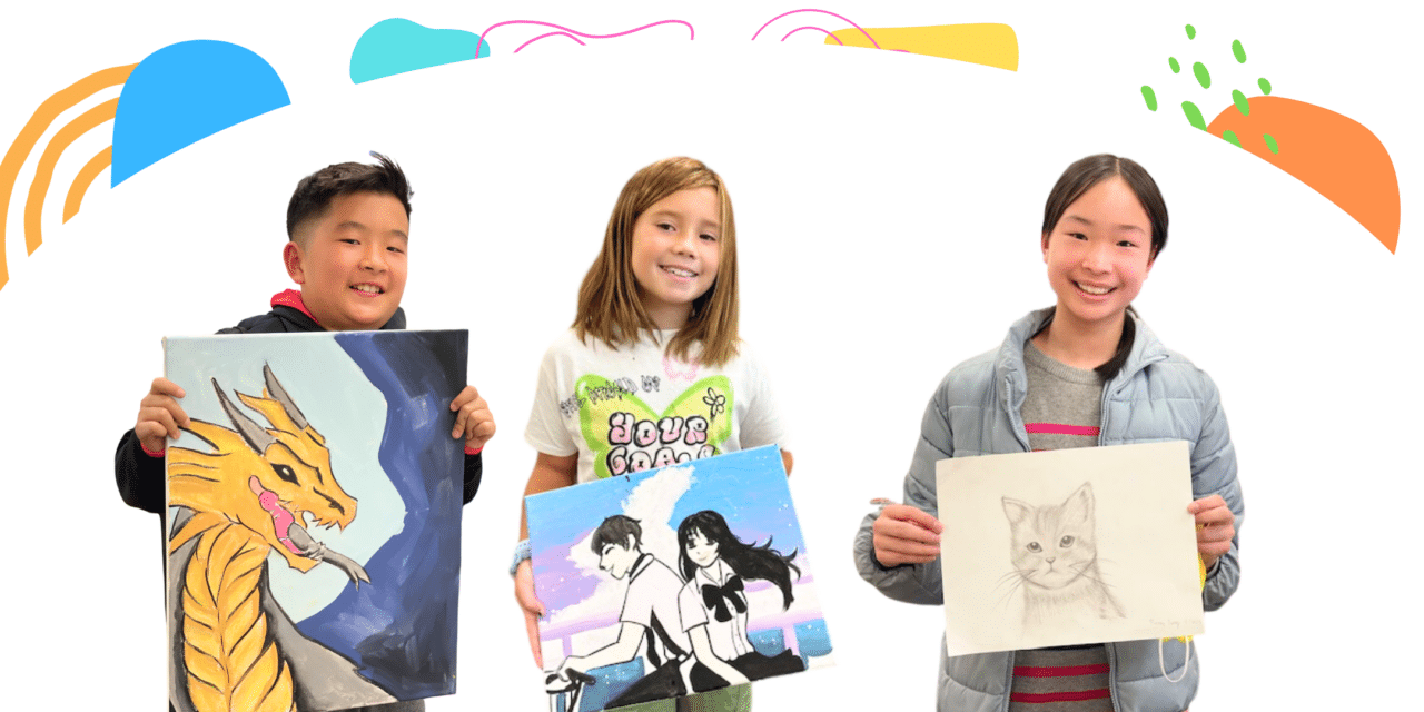 image of 3 different kids holding their artwork of a dragon, anime painting, and a cat sketch