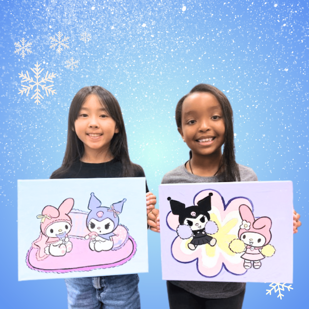 image of 2girls holding their canvas artwork and smiling