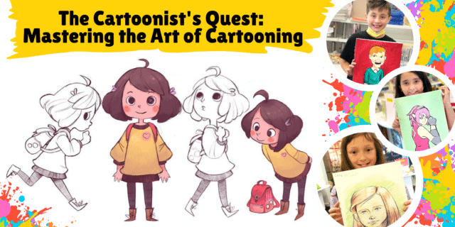 image of 3 kids holding art on the right side and 3 4 cartoon drawings