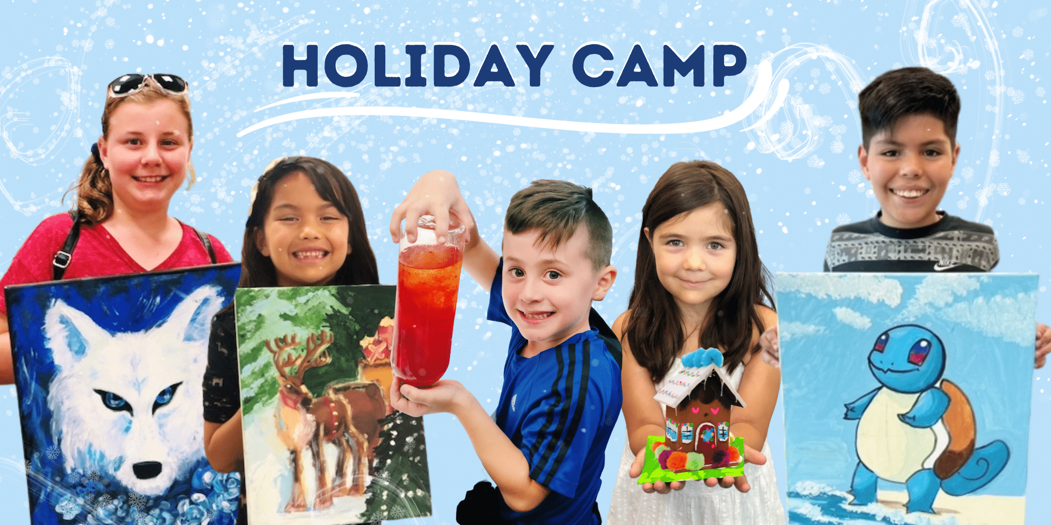 Imagee of 5 kids holding their artwork with a blue and snowy background behind them