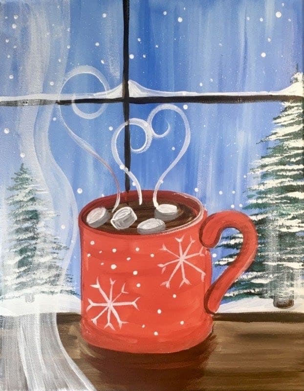 painting of a red mug of hot chocolate with a winter scene in the background