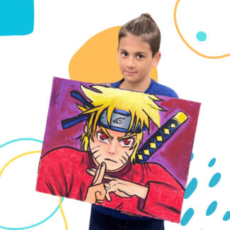 image of a boy holding a large canvas painting of an anime character in color