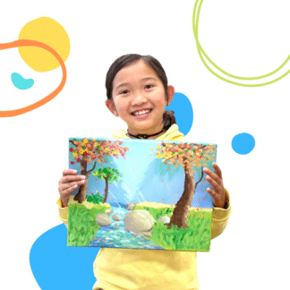 image of a girl holding a painting of a landscape in color