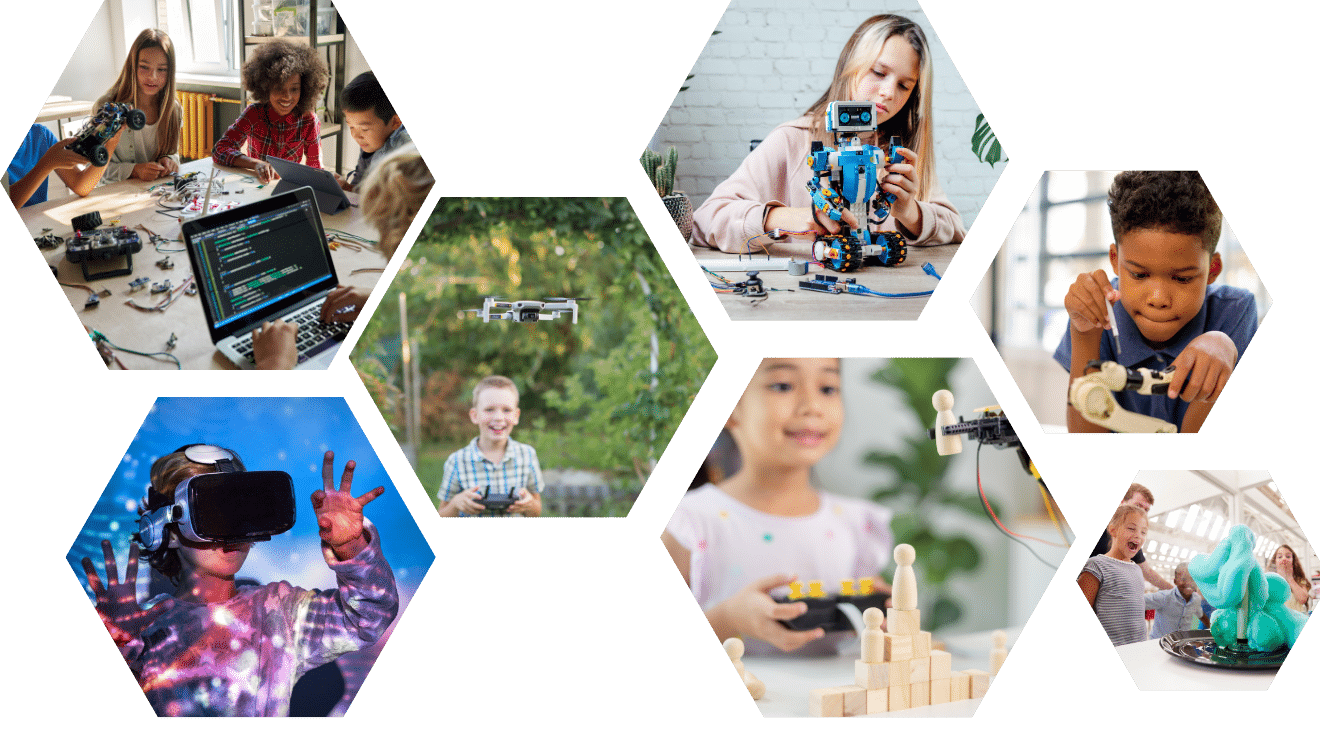 image of hexagons with pictures of kids doing robotics activities