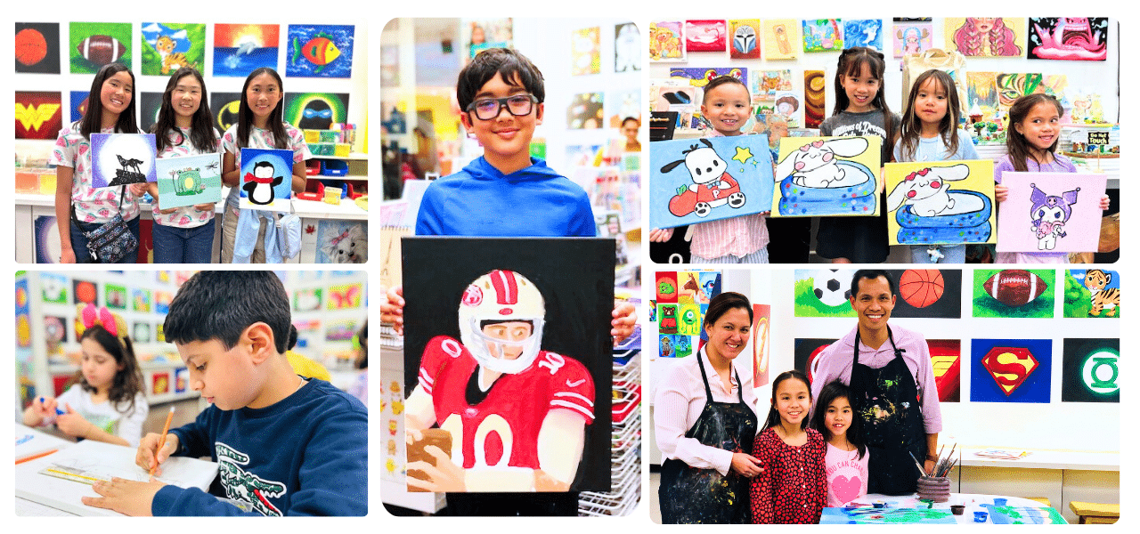 image of a collage of pictures of kids holding their artwork or painting