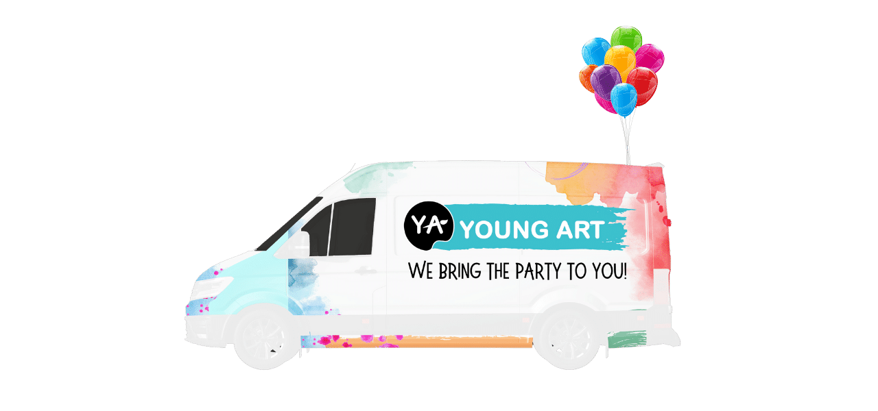 image or a van with splashes of color on it and the words Young Art We bring the party to you written across the side with the Young Art logo and a bundle of balloons