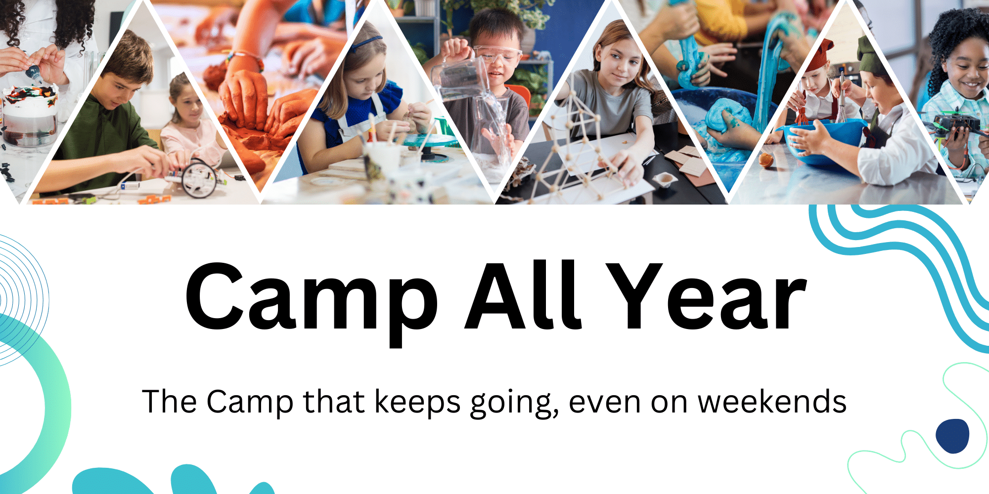 image of kids doing science and art activities with the words "summer camp revolution" at the bottom