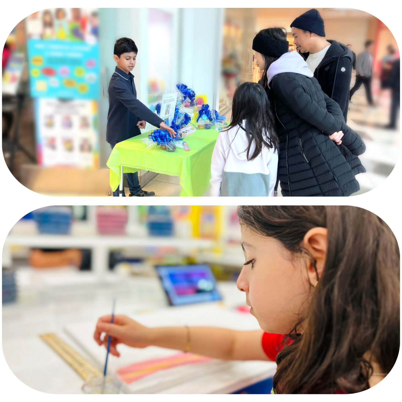 top image of a young boy selling crafts at a table. bottom image is of a young girl painting a canvas