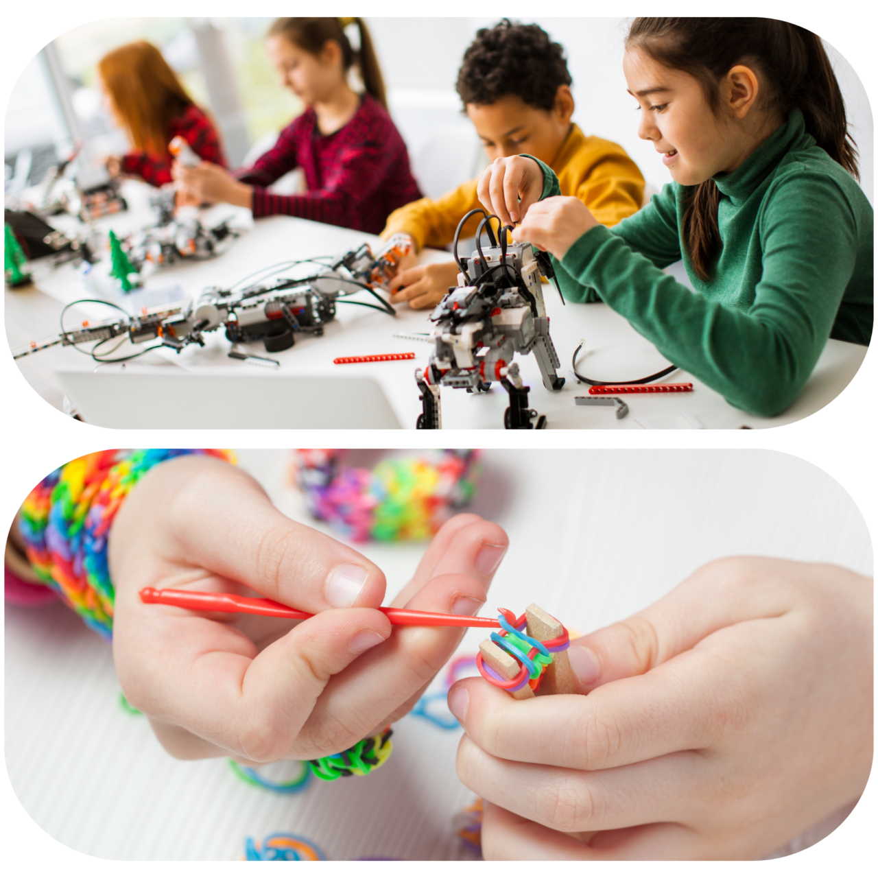 top image of thre young students working on robots. bottom image of a young child crafting a bracelet