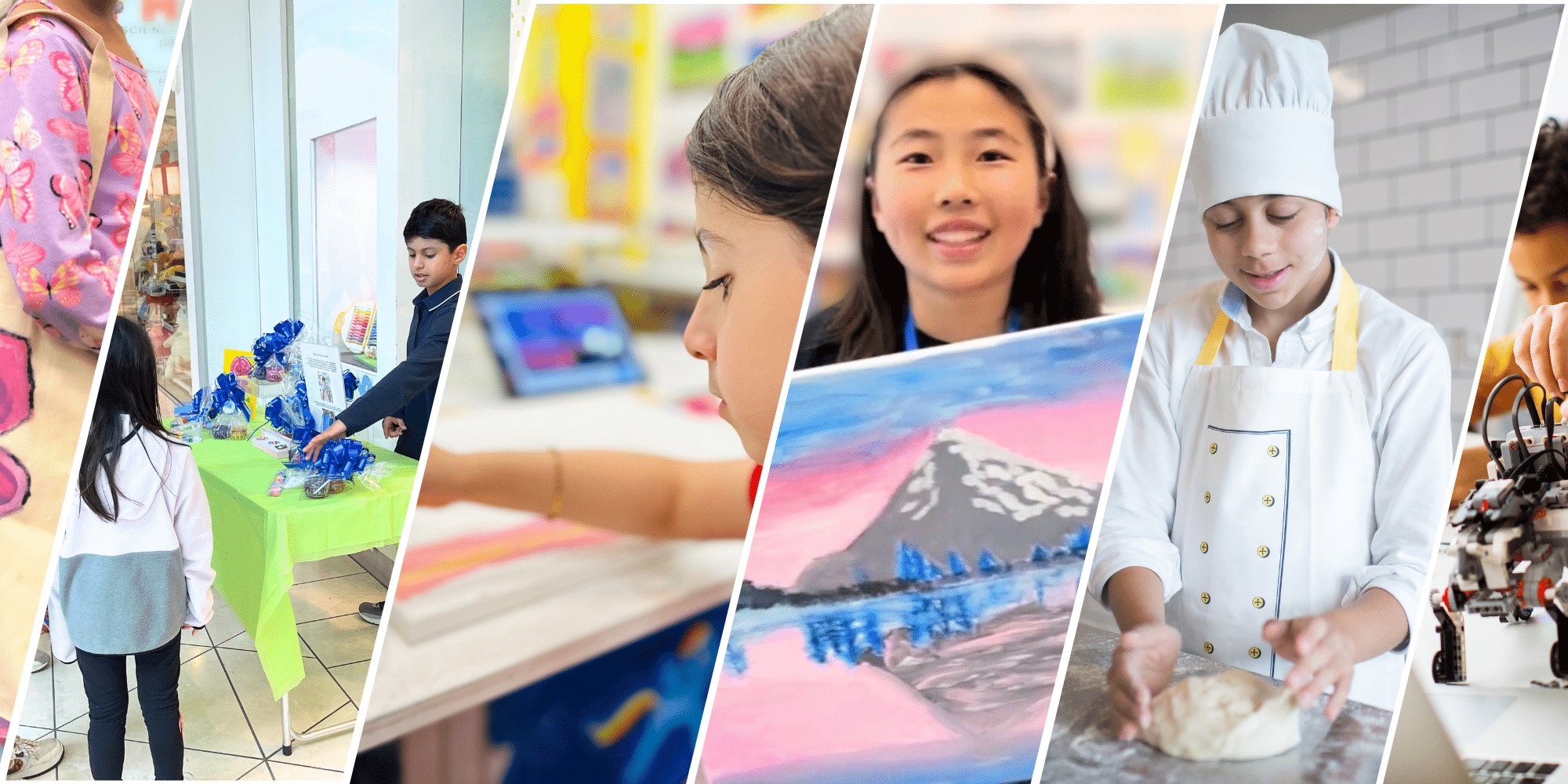 image of several craft projects and kids with text below that reads "young art entrepreneurship camp. learn the art of starting a business"
