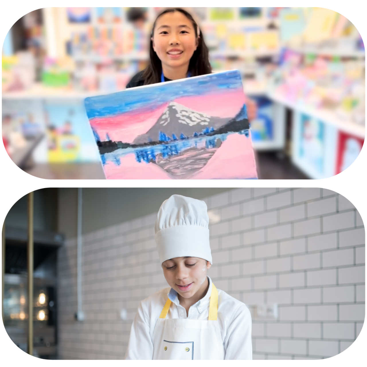 top image of young girls holding a canvas painting of a mountain scene. bottom image of a young boy in a chef hat