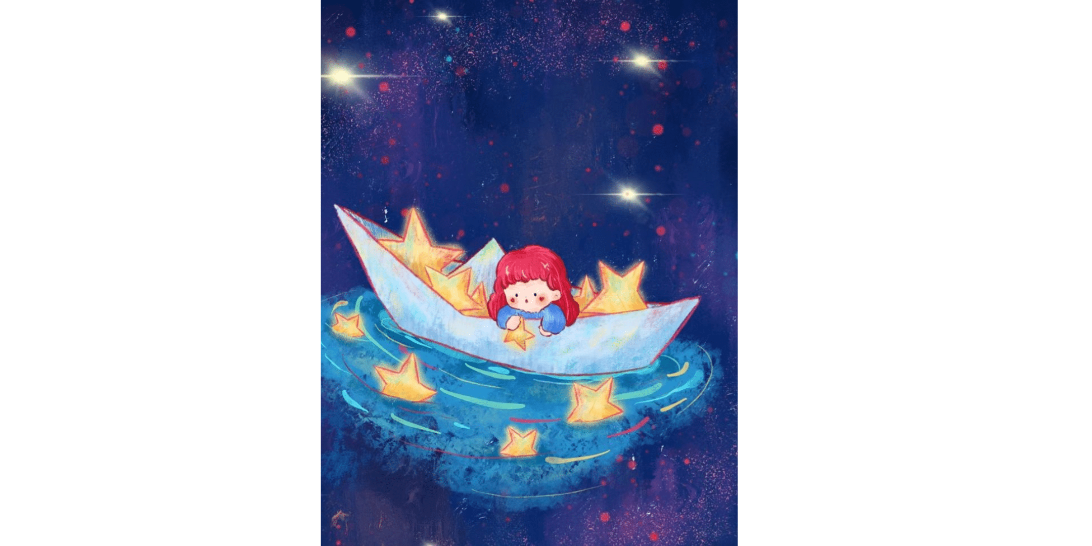 young girl with red hair resting on the edge of a paper boat floating on a starry sea