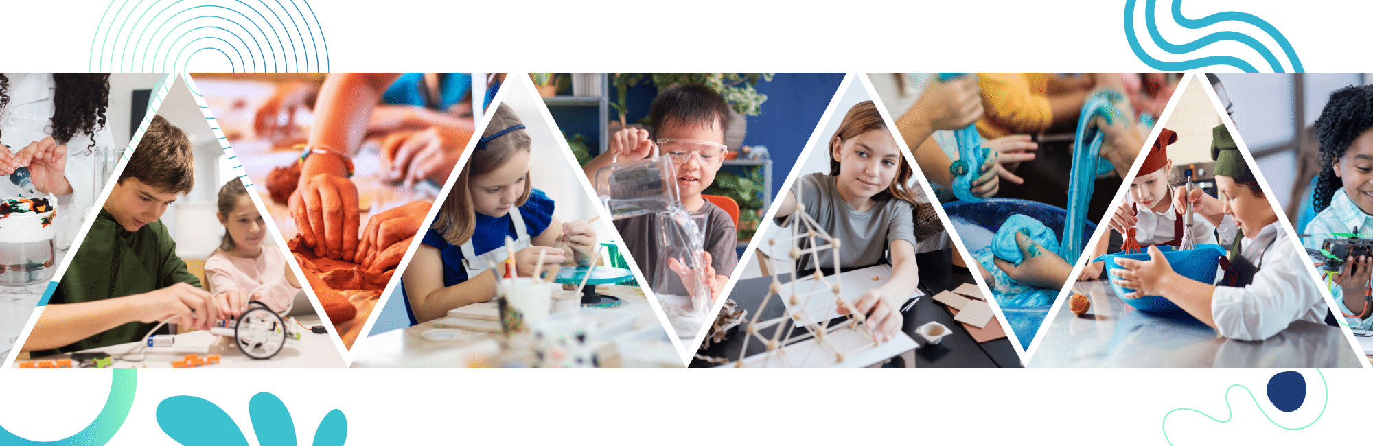 image of several kids from left to right doing different camp activities in color