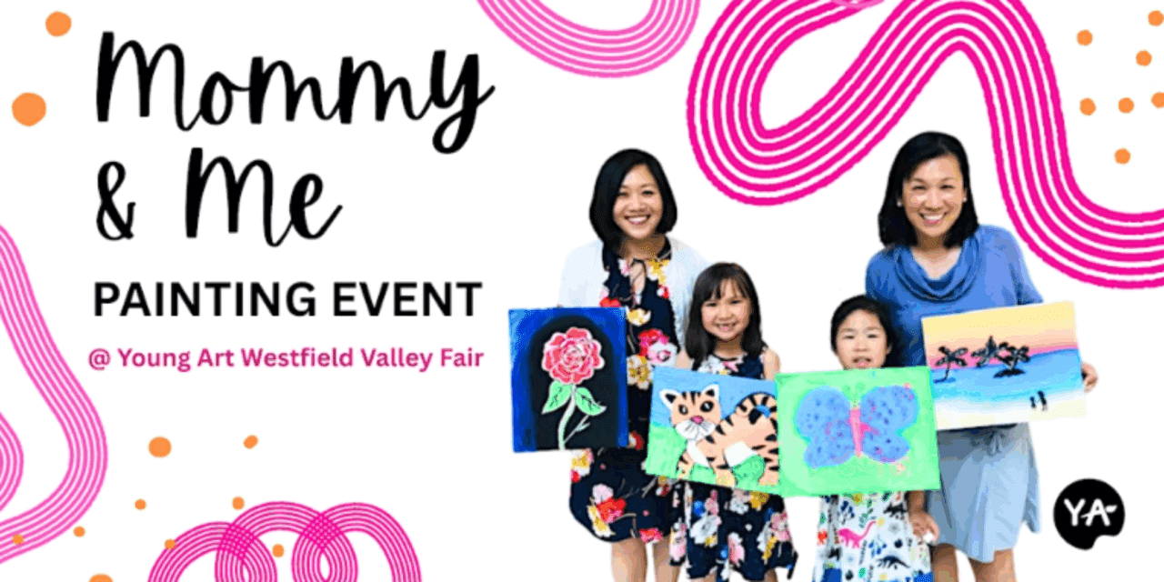 mommy and me event banner with 2 moms and 2 daughter holding 4 paintings