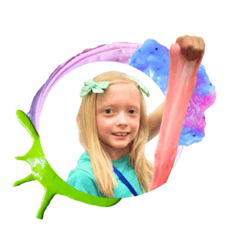 image of a young girl smiling and stretching pink slime