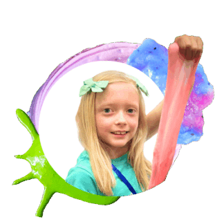 image of a young girl smiling and stretching pink slime