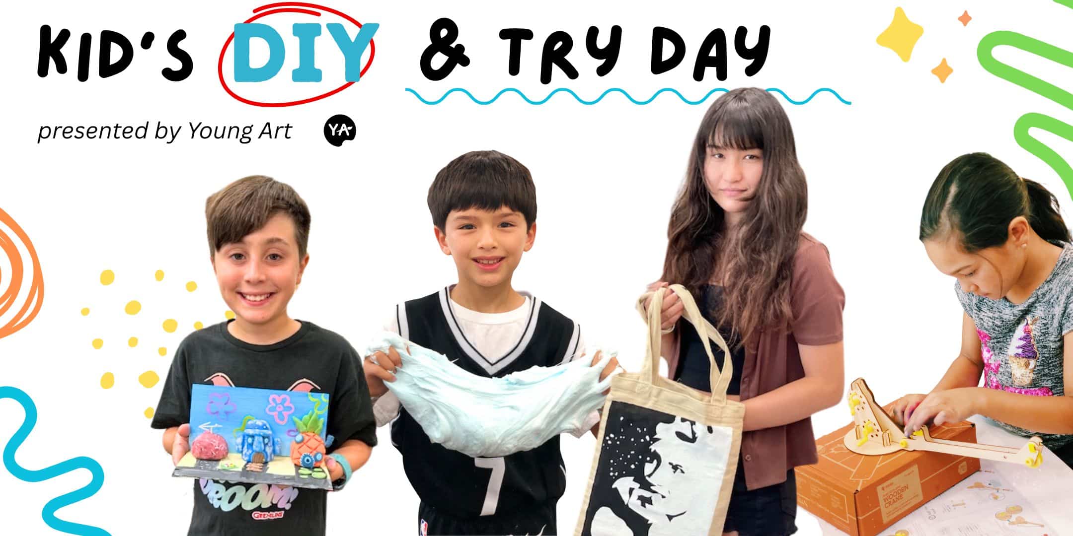 picture of 4 kids with their different art projects and the words "kids diy and try day" above them