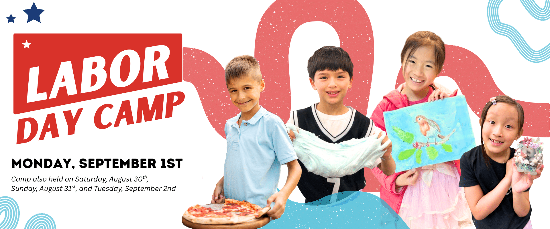 image of a group of kids holding their projects with the words labor day camp on the left