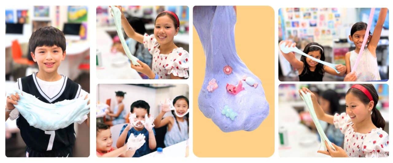 collage of multiple images of kids playing with slime they made