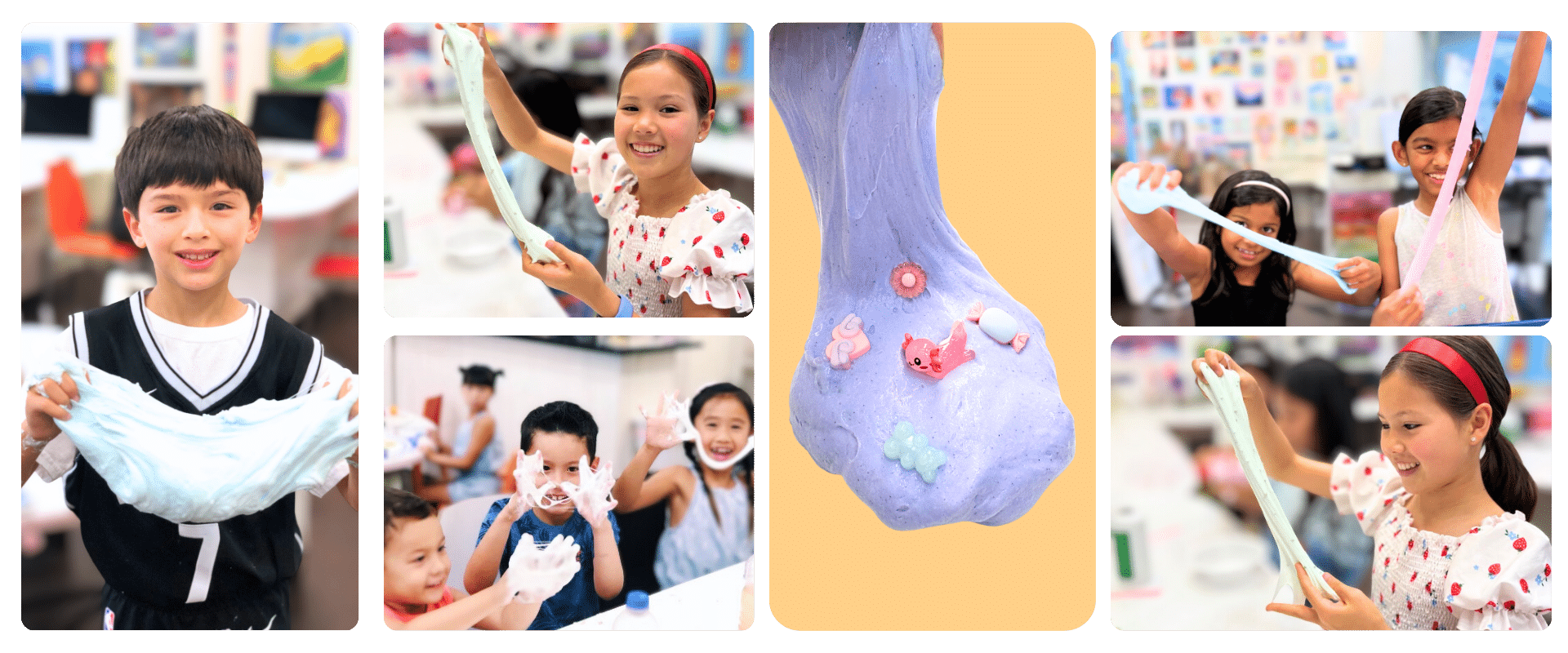 collage of multiple images of kids playing with slime they made