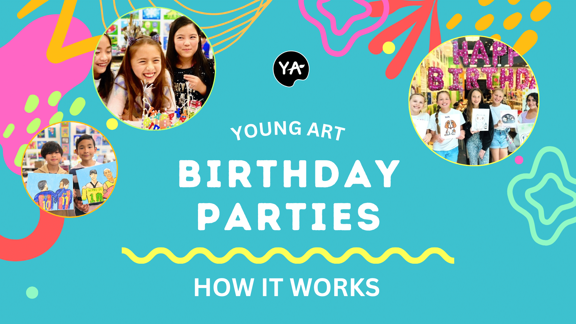 image with colorful organic shapes and 3 pictures of groups of kids holding their art. text reads "young art birthday parties. how it works"