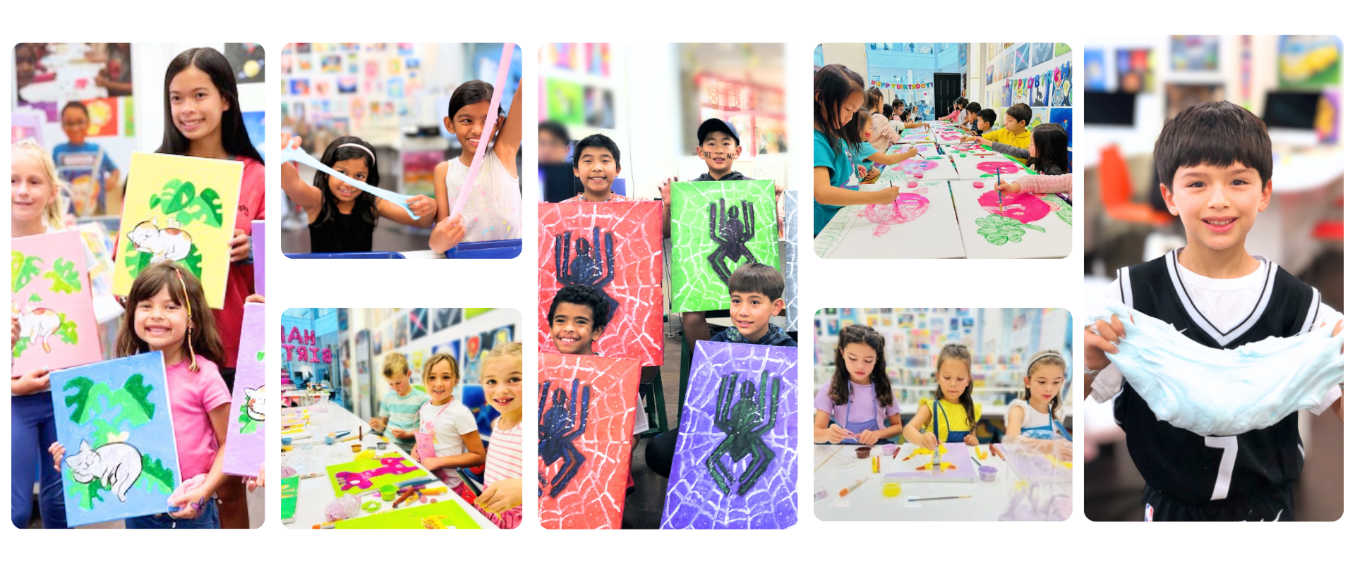 A collage of children happily participating in art camp activities. Some kids proudly hold up their painted canvases featuring animals and colorful designs. Others are crafting at tables, drawing, painting, and working on creative projects.