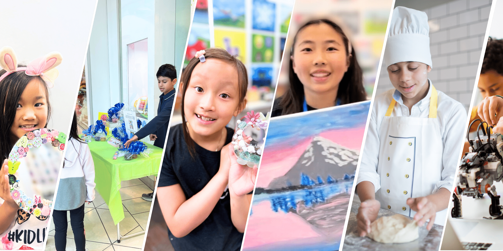 image of several craft projects and kids with text below that reads "young art entrepreneurship camp. learn the art of starting a business"