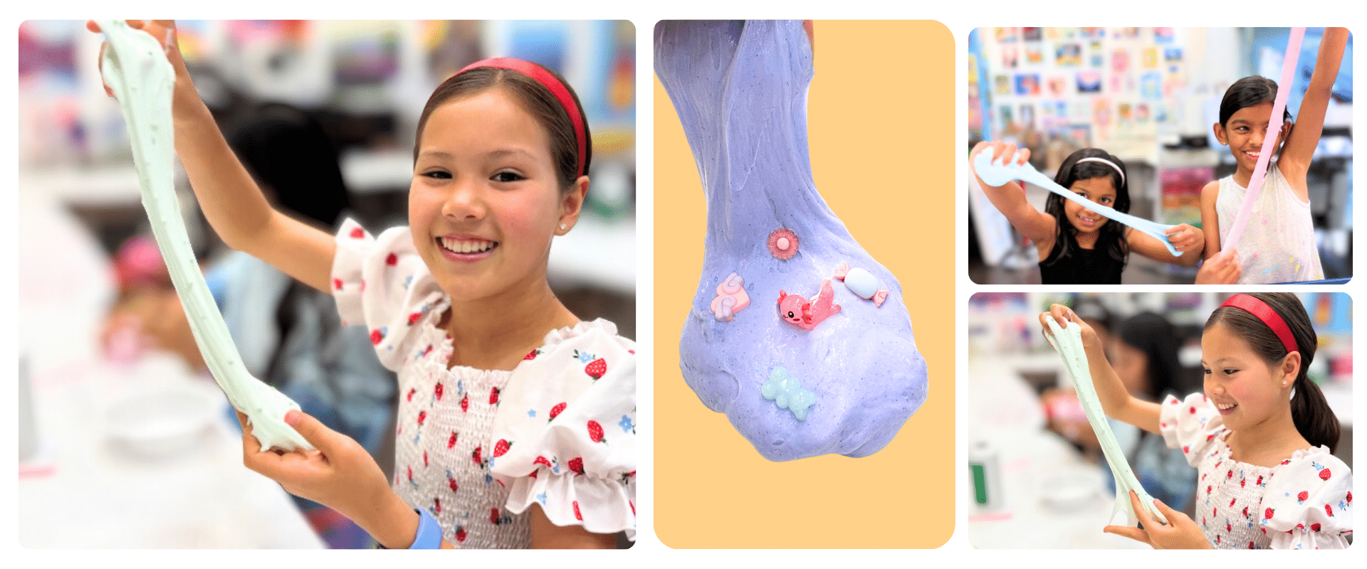 collage of multiple images of kids playing with slime they made