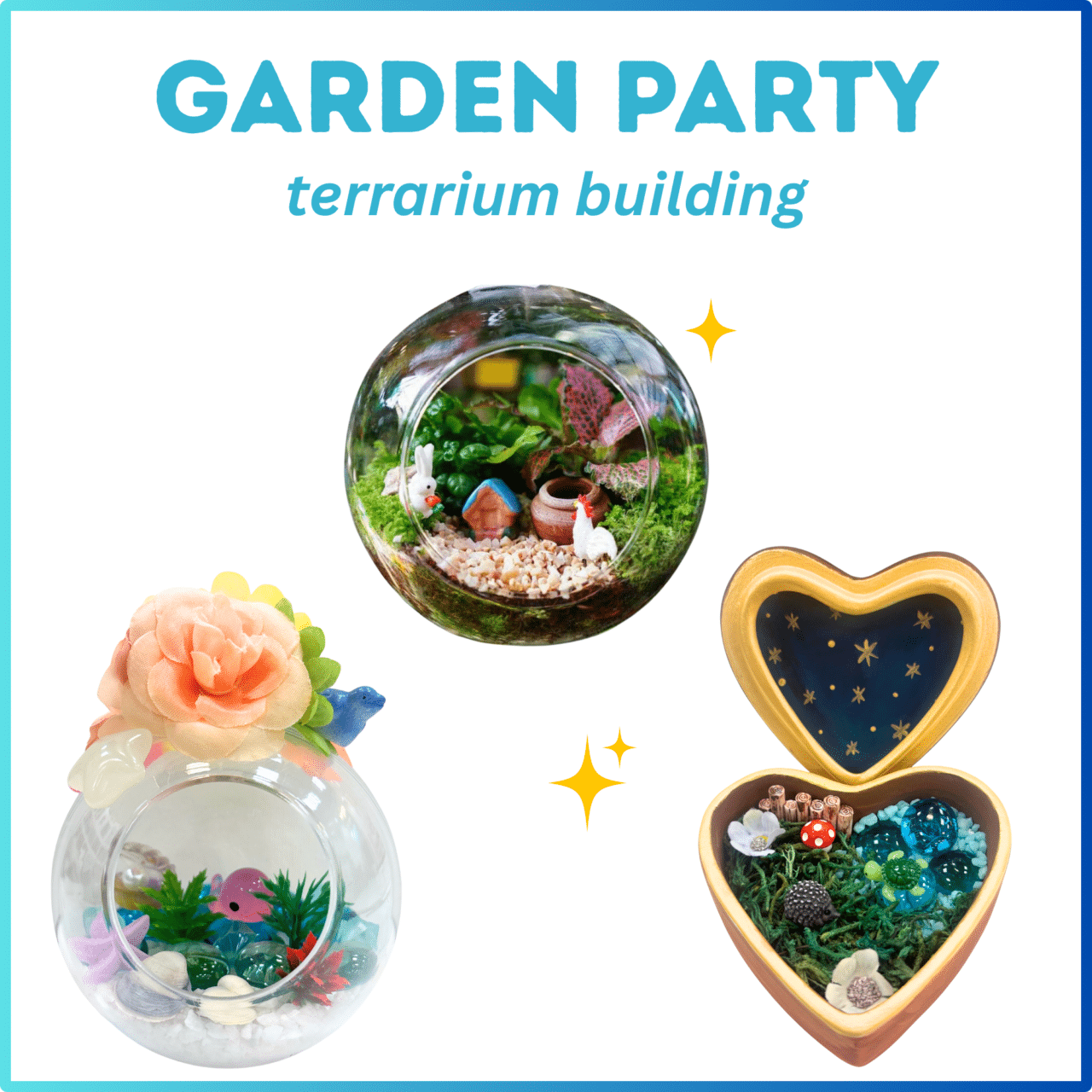 image of three sample terrariums with the words garden party terrarium building at the top