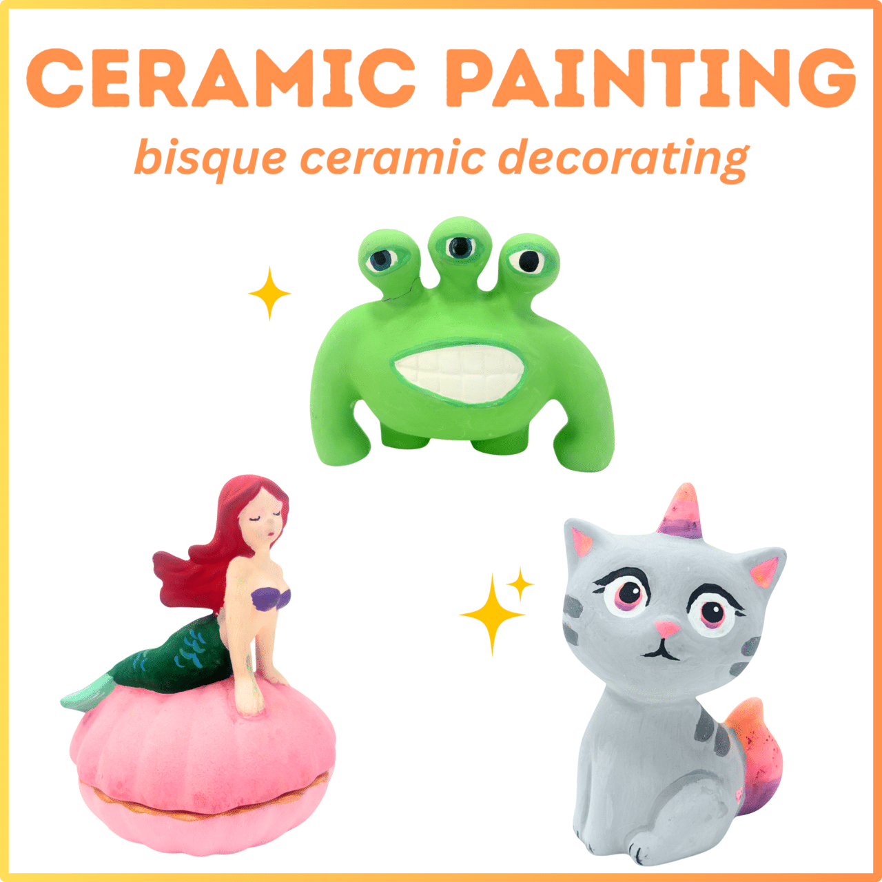 image of three sample ceramics pieces with the word ceramic painting disque ceramic decorating at the top