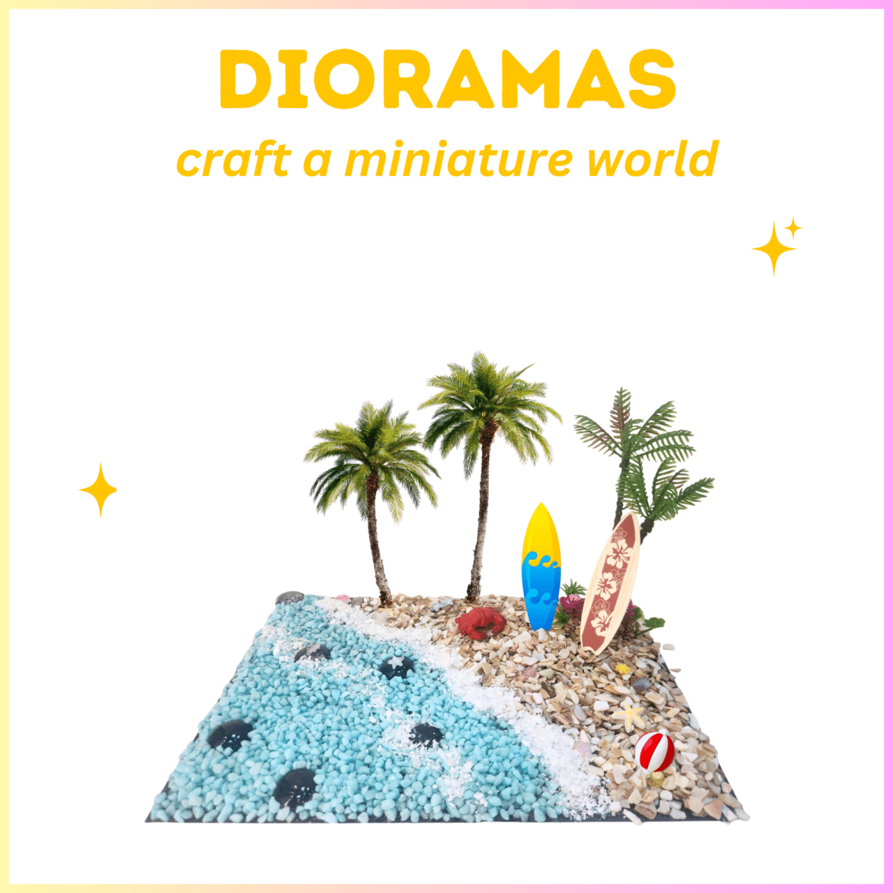image of a beach scene diorama with the word dioramas craft a miniature world at the top