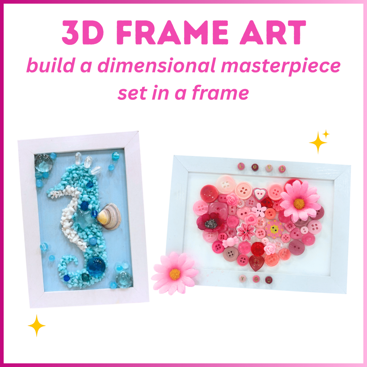 image of two sample 3d framed art pieces with the word 3d frame art build a dimensional masterpiece set in a frame at the top