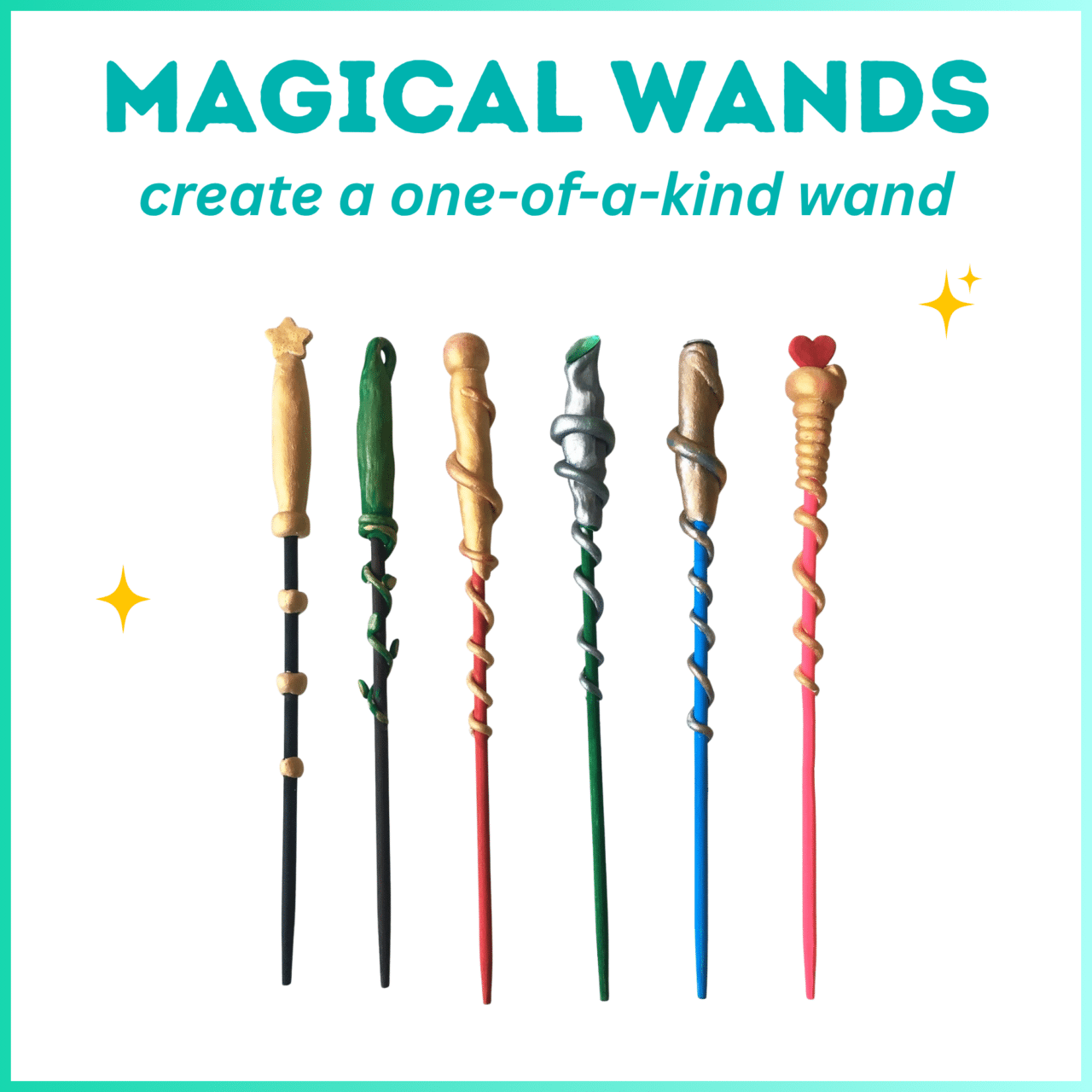 image of six wand sample with the words magical wands create a one of a kind wand at the top
