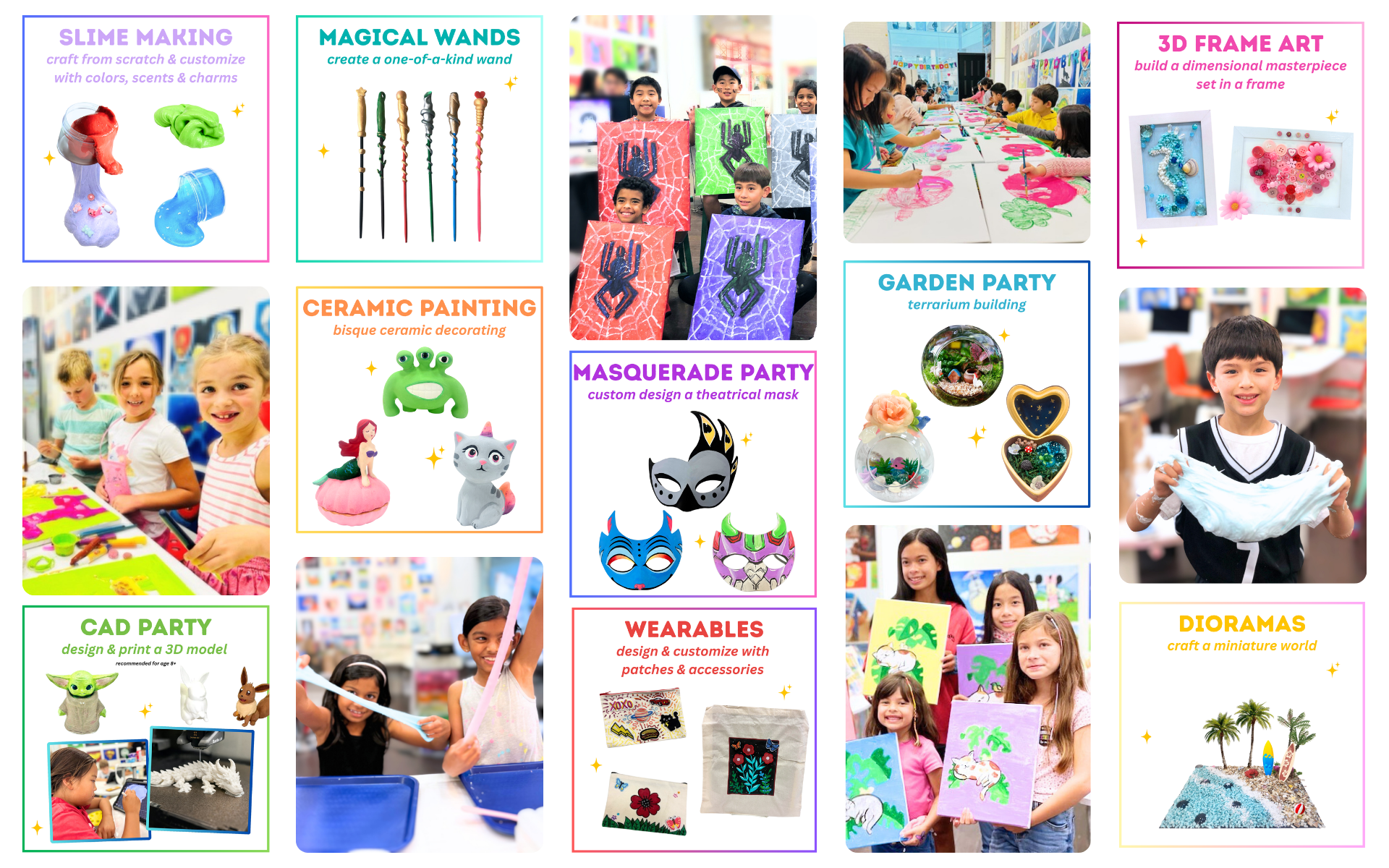A collage of children happily participating in art camp activities. Some kids proudly hold up their painted canvases featuring animals and colorful designs. Others are crafting at tables, drawing, painting, and working on creative projects.