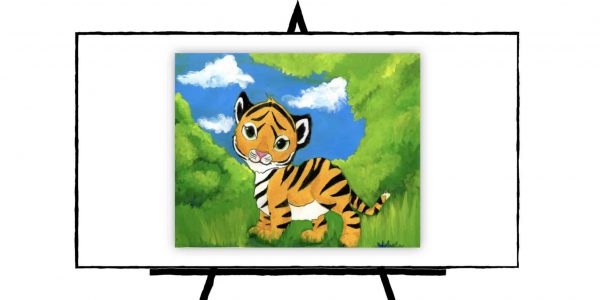 Baby Tiger In lush green jungle with blue sky and white clouds